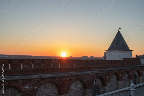Wall of Kazan kremlin closeup in sunset time. Kazan in may 2022. photo