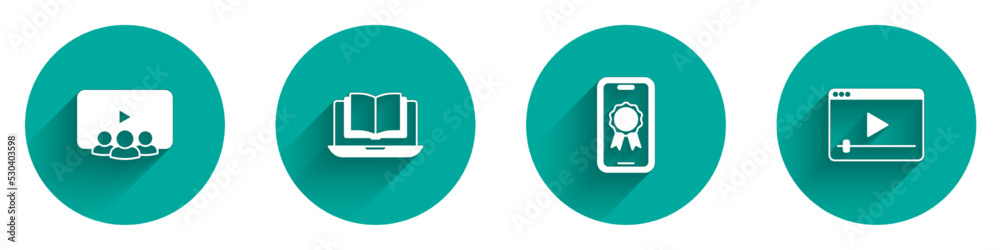 Set Online class, education with diploma and play video icon with long shadow. Vector Set Online class, education with diploma and play video icon with long shadow. Vector