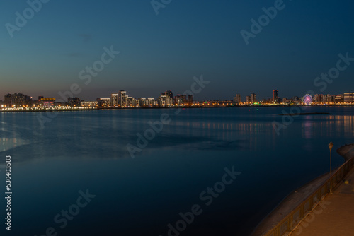 Night city view from the top on the river kazanka in Kazan at night. May 2022.