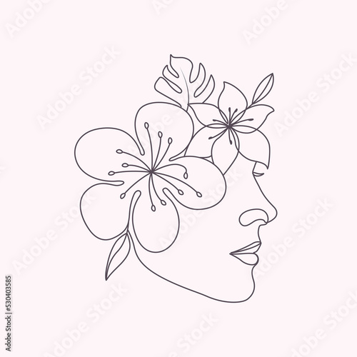 Hand-drawn woman head with flowers beauty floral face elegant minimal line art drawing liner illustration 