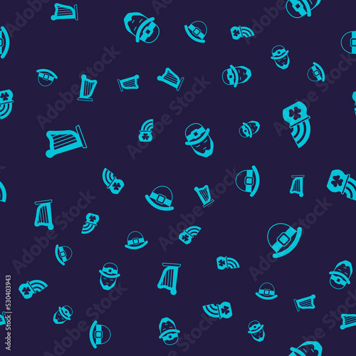 Set Harp, Pot of gold with rainbow, Leprechaun and hat on seamless pattern. Vector