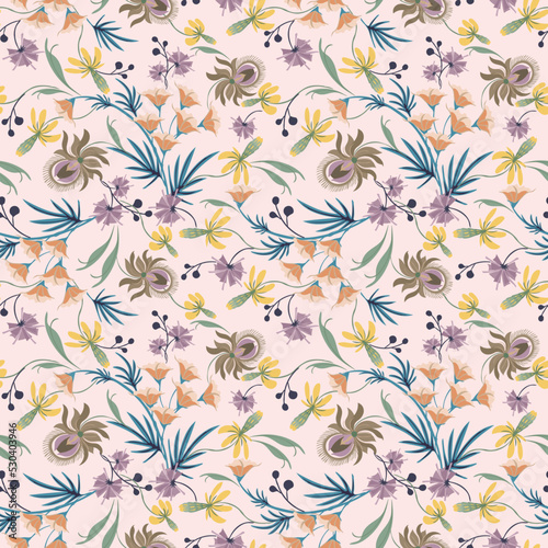 Beautiful abstract tropical flowers    leaves gentle tones on a light pink background. Pattern in boho style. It can be used for wallpaper  textiles  fabrics  wrapping. Vector illustration  eps10