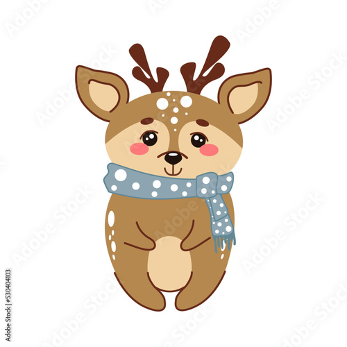 Vector illustration with a cute deer in a warm scarf in cartoon style