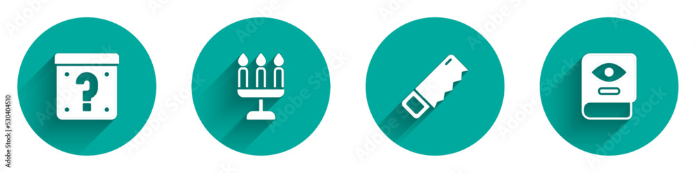 Set Mystery box, Candlestick, Hand saw and Ancient magic book icon with long shadow. Vector Set Mystery box, Candlestick, Hand saw and Ancient magic book icon with long shadow. Vector