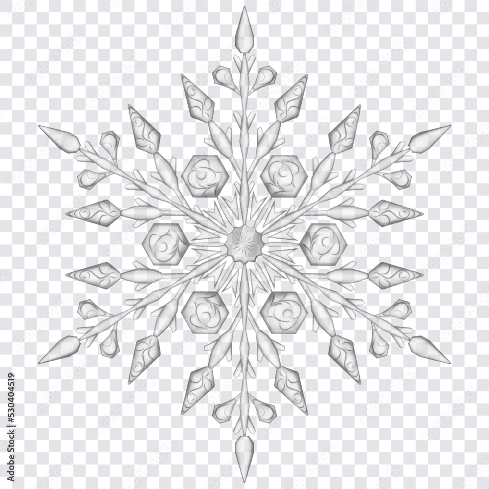 Fototapeta premium Big complex translucent crystal Christmas snowflake in gray colors, isolated on transparent background. Transparency only in vector format
