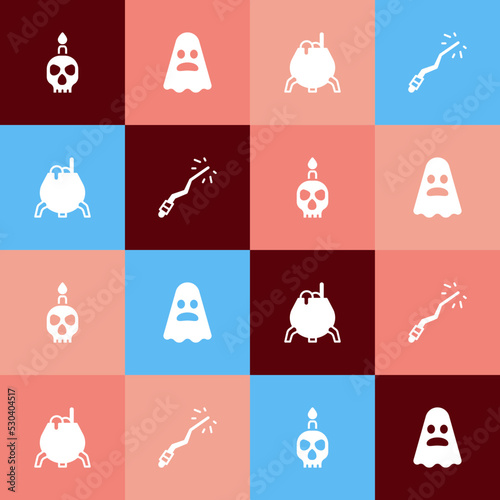 Set pop art Burning candle on skull, Ghost, Witch cauldron and Magic wand icon. Vector