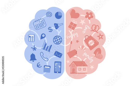 Flat design of work life balance concept, left brain and right brain vector, flat design of overwhelming business tasks vector, balancing life and work vector, work life balance concept.