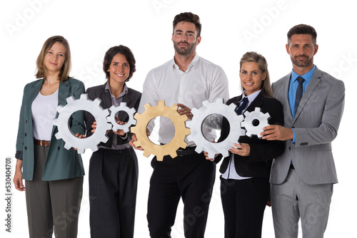 Business people holding cogwheels