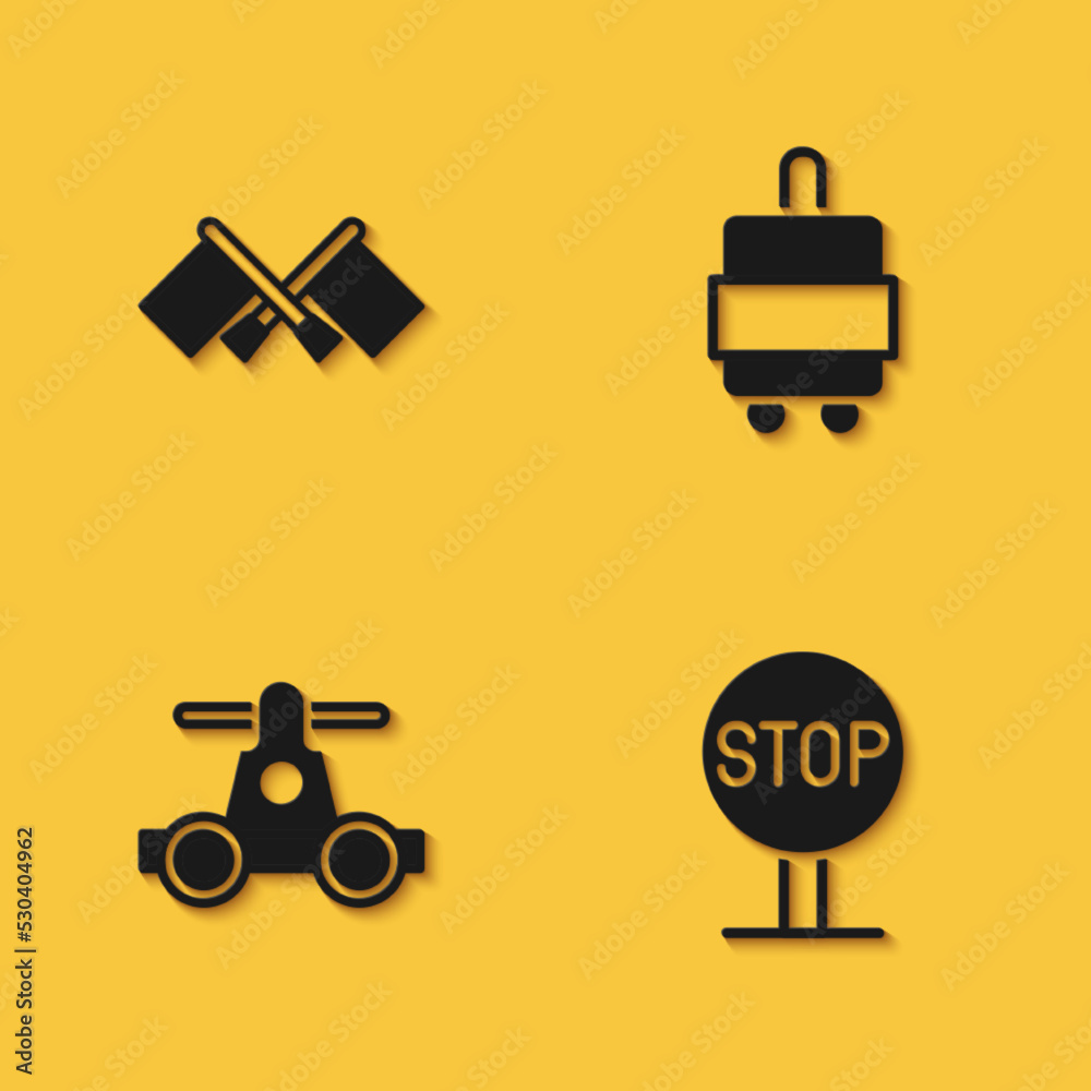 Set Flag, Stop sign, Handcar transportation and Suitcase icon with long shadow. Vector