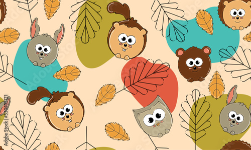 Colored autumn seamless pattern background with cute animals Vector