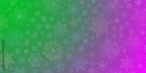 Background of complex big and small Christmas snowflakes in green and purple colors. Winter illustration with falling snow