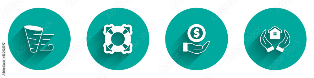 Set Tornado, Lifebuoy, Money with shield and House in hand icon with long shadow. Vector Set Tornado, Lifebuoy, Money with shield and House in hand icon with long shadow. Vector