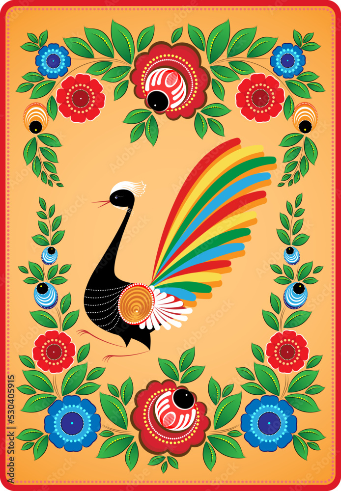 Obraz premium Decorative composition of bright wildflowers and leaves on a gradient background. In the center of the composition is a bird. Slavic folk style. Color vector illustration.