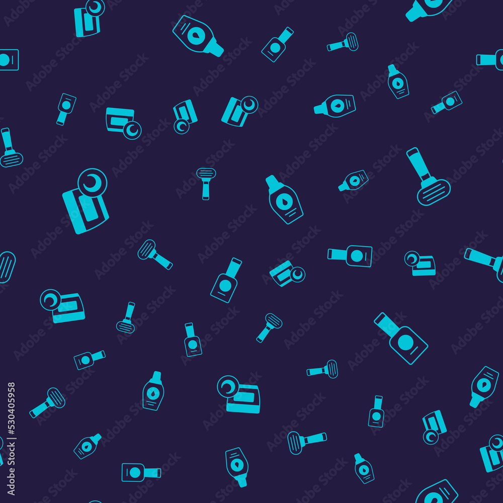 Set Cream or lotion cosmetic tube, Shaving razor, Bottle of shampoo and nail polish on seamless pattern. Vector