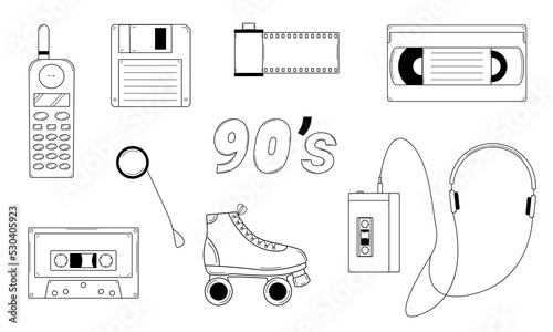 Hand drawn set of classic elements of the 80s, 90s. Retro pop culture items. Doodle style. Sketch. Vector illustration