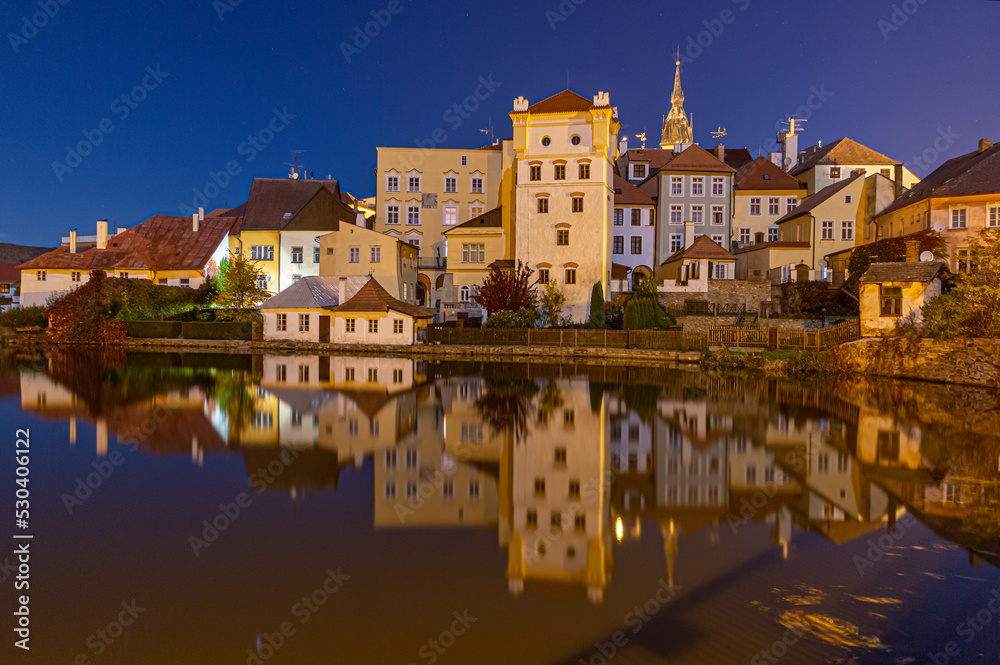 Night view on the City of Jindrichuv Hradec, a town in the Czech Republic in the region South Bohemia. View of the old town at night.