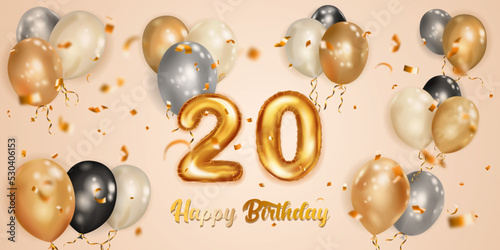 Festive birthday illustration with white, black and gold helium balloons, big number 20 golden foil balloon, flying shiny pieces of serpentine and inscription Happy Birthday on light background