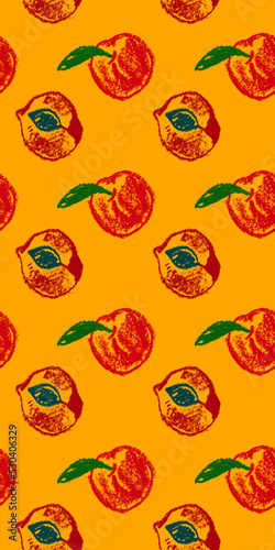 Peach seamless pattern. Vector nectarine wallpaper. Sketch art peach background for organic baby food label, yogurt packaging design, vegan banner, fruity ornament. Apricot backdrop for jam package. © Design Couple