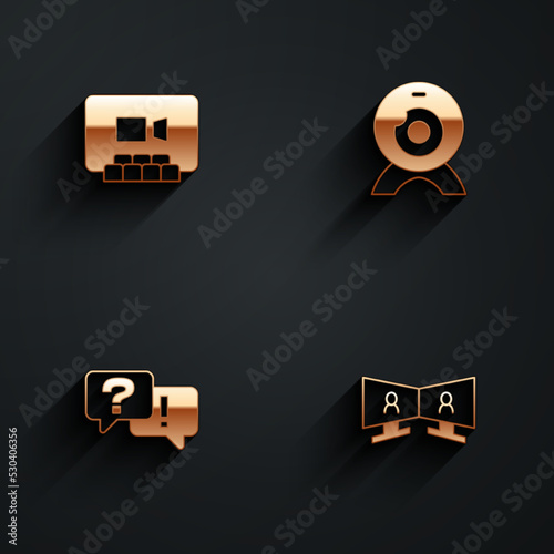 Set Video chat conference, Web camera, Question and Answer and icon with long shadow. Vector