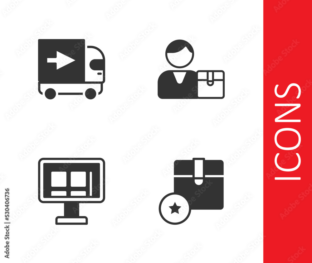 Set Carton cardboard box, Delivery cargo truck, Online shopping screen and Buyer icon. Vector