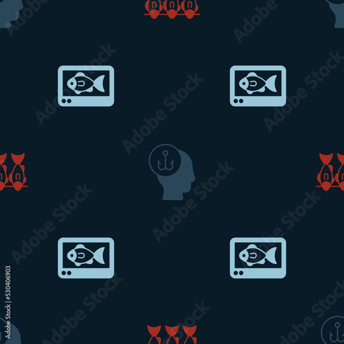 Set Dried fish, Fisherman and finder echo sounder on seamless pattern. Vector