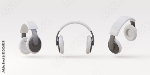 3d set White realistic headphones isolated on white background. Music device technology. Vector illustration.