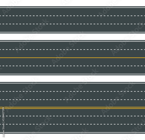 Vector illustration of white and yellow road markings isolated on white background. Set of seamless asphalt road types in top view. Collection of empty horizontal straight highways.
 