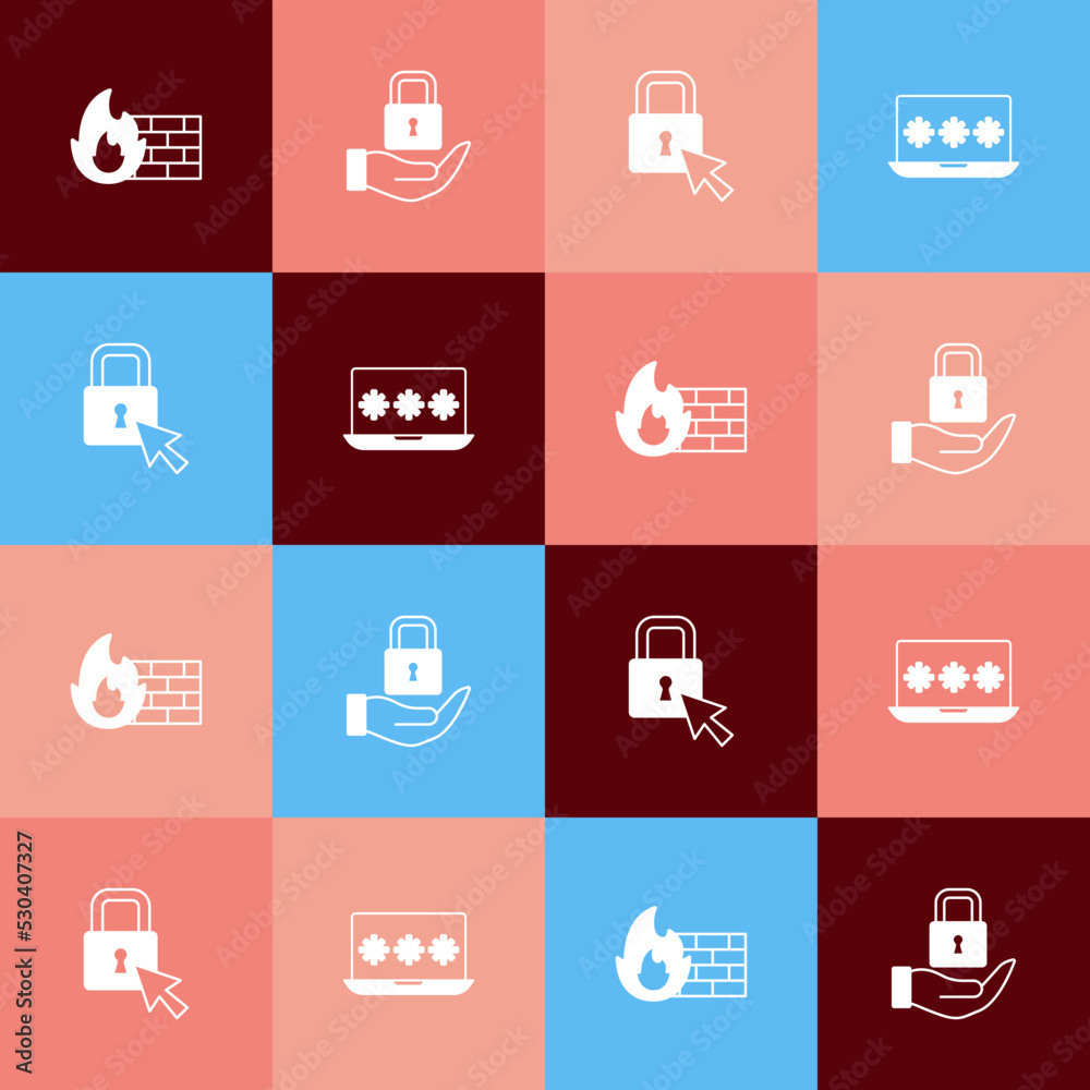 Set pop art Firewall, security wall, Lock, and Laptop with password icon. Vector Set pop art Firewall, security wall, Lock, and Laptop with password icon. Vector