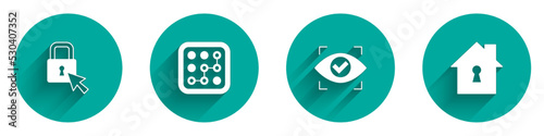 Set Lock, Graphic password protection, Eye scan and House under icon with long shadow. Vector