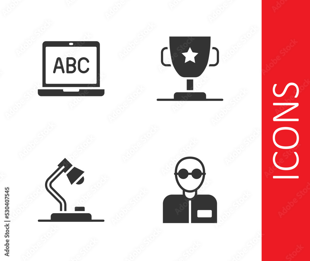 Set Teacher, Laptop, Table lamp and Award cup icon. Vector Set Teacher, Laptop, Table lamp and Award cup icon. Vector