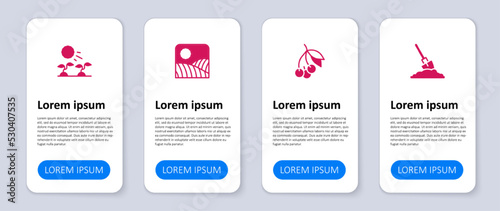 Set Shovel in the ground, Fresh berries, Agriculture wheat field farm and Plant sprouts grow sun. Business infographic template. Vector