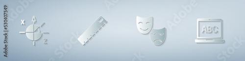 Set Trigonometric circle, Ruler, Comedy and tragedy masks and Laptop. Paper art style. Vector