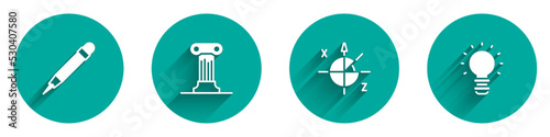 Set Pencil with eraser, Law pillar, Trigonometric circle and Creative lamp light idea icon with long shadow. Vector