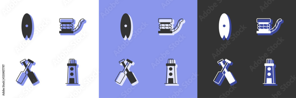 Set Lighthouse, Surfboard, Crossed oars or paddles boat and Marine bollard with rope icon. Vector Set Lighthouse, Surfboard, Crossed oars or paddles boat and Marine bollard with rope icon. Vector
