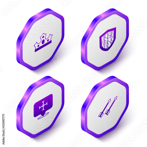Set Isometric King crown, Shield, Crusade and Medieval arrows icon. Purple hexagon button. Vector