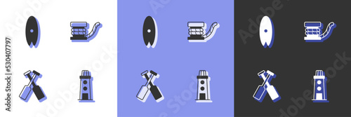 Set Lighthouse, Surfboard, Crossed oars or paddles boat and Marine bollard with rope icon. Vector