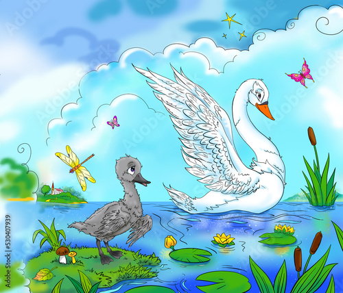 grey ugly duckling and beautiful white swan artistic illustration