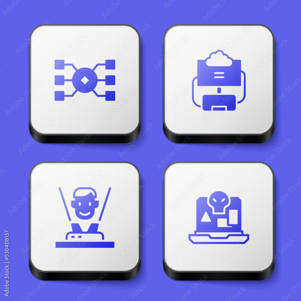 Set Neural network, Cloud database, Hologram and Internet piracy icon. White square button. Vector Set Neural network, Cloud database, Hologram and Internet piracy icon. White square button. Vector