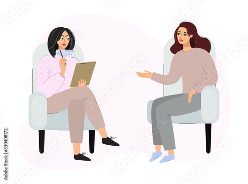 A female psychotherapist conducts an individual consultation with her patient. A sad and depressed girl needs the help of a psychologist. The concept of psychotherapy. Flat vector isolated design.