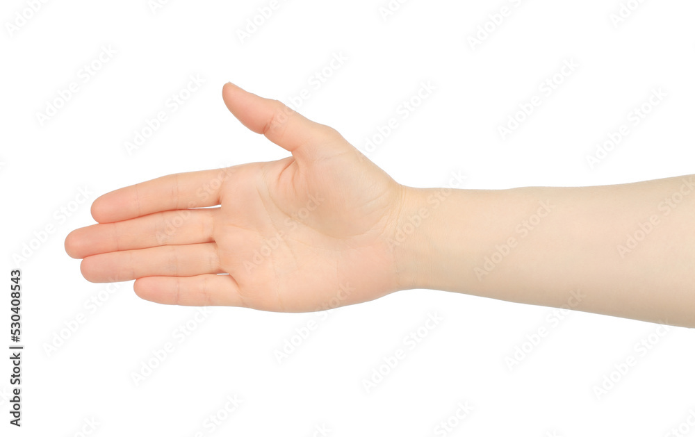 Woman hand shows handshake, on white background