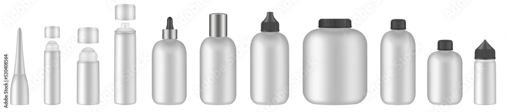 Set of white tubes and bottles. Roller ball tube. Body antiperspirant deodorant roll-on, open and closed blank tubes with screw cap. Realistic mockup. Eye Cream Roll Ball. Dropper, atomizer Set of white tubes and bottles. Roller ball tube. Body antiperspirant deodorant roll-on, open and closed blank tubes with screw cap. Realistic mockup. Eye Cream Roll Ball. Dropper, atomizer