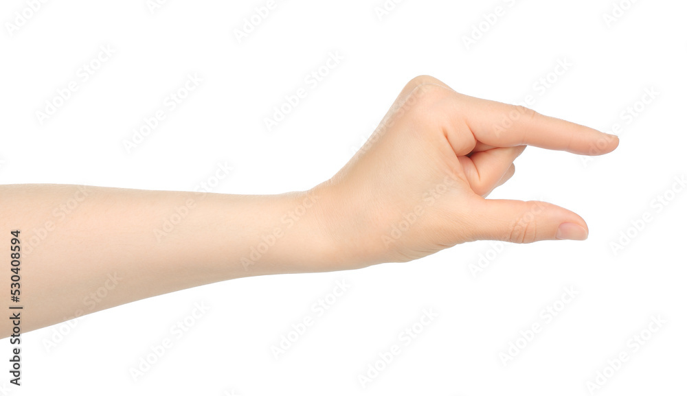 Woman hand shows virtual holding something, on white background