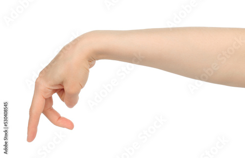 Woman hand shows finger walking, on white background