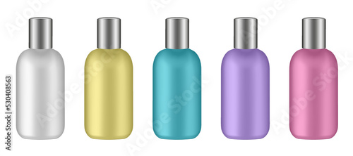 Set of cosmetic bottles with silver cap. Yellow, blue, pink, purple and white bottles. Cream, lotion or serum