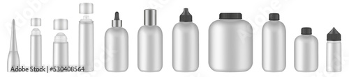 Set of white tubes and bottles. Roller ball tube. Body antiperspirant deodorant roll-on, open and closed blank tubes with screw cap. Realistic mockup. Eye Cream Roll Ball. Dropper, atomizer