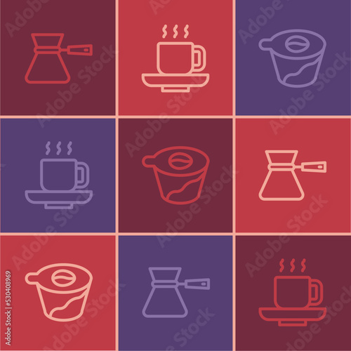 Set line Coffee turk, Pour over coffee maker and cup icon. Vector