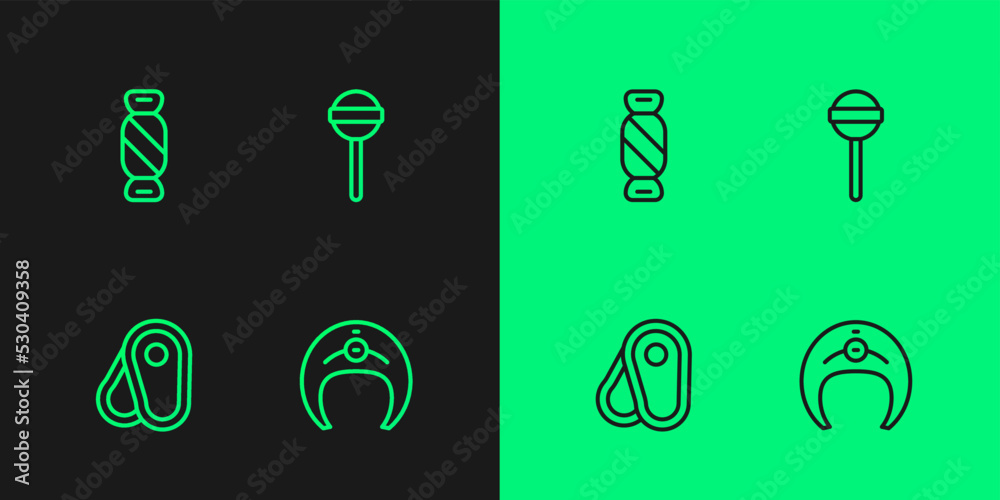 Set line Fish steak, Steak meat, Candy and Lollipop icon. Vector Set line Fish steak, Steak meat, Candy and Lollipop icon. Vector