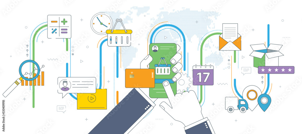 Obraz premium Hands holding smartphone and online shopping screen. Concept of online shopping, search of products and calculation of values, email with date of delivery and evaluation of the product and service.