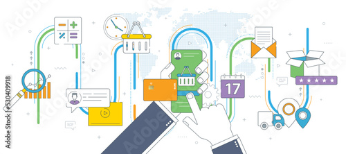 Hands holding smartphone and online shopping screen. Concept of online shopping, search of products and calculation of values, email with date of delivery and evaluation of the product and service.