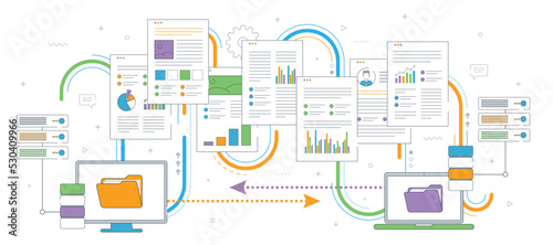 Sharing data and documents between computer and laptop, file backup, data transmission, cloud computing technology and computer network. Flat vector thin line illustration.